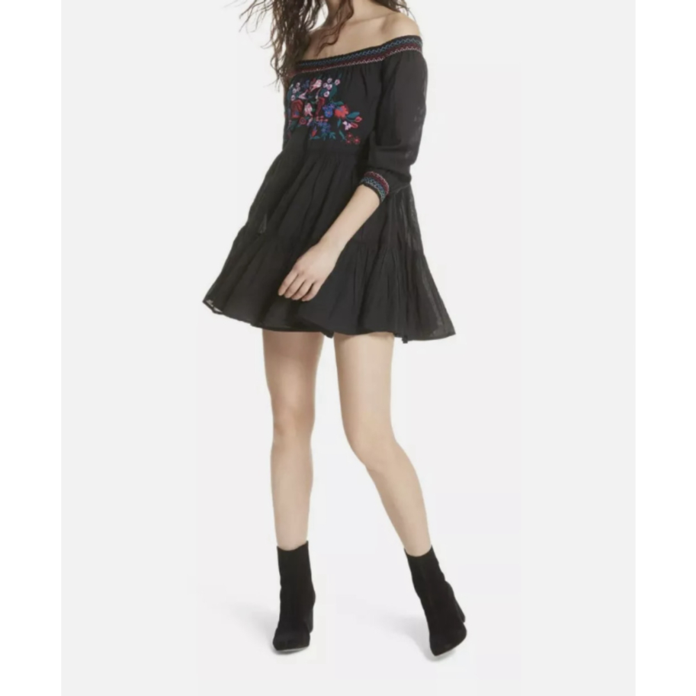 Free People Sunbeam Black Embroidery Off the Shoulder MiniDress Women Sz S Fairy
